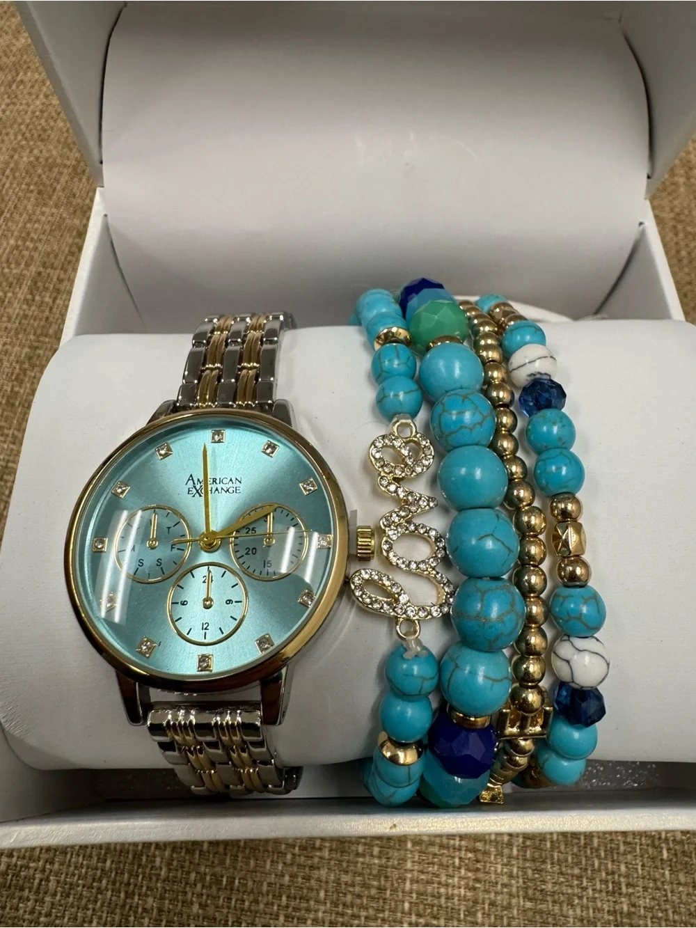 American Exchange Women’s Quartz Analog Two-Tone Blue Dial Bracelet Watch Box